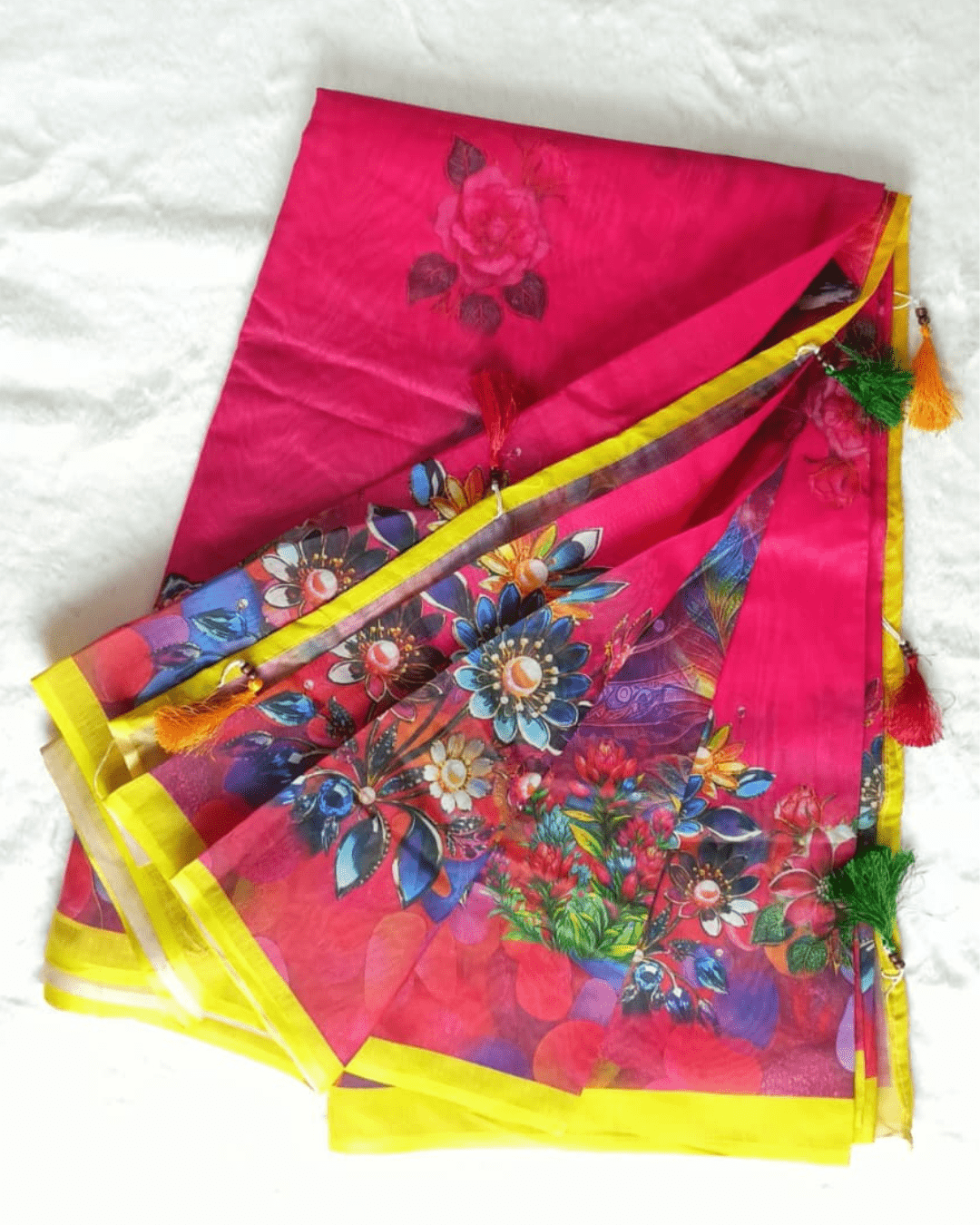 19 Pink Floral Digitally Printed Half-Silk Saree - Image 1